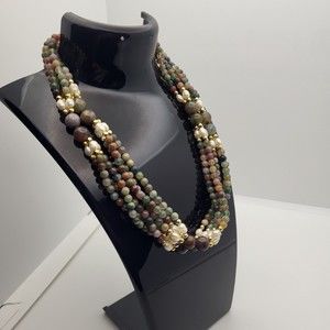 Vintage Long Multi-Color Semi Precious Stone Pearl Bead Necklace